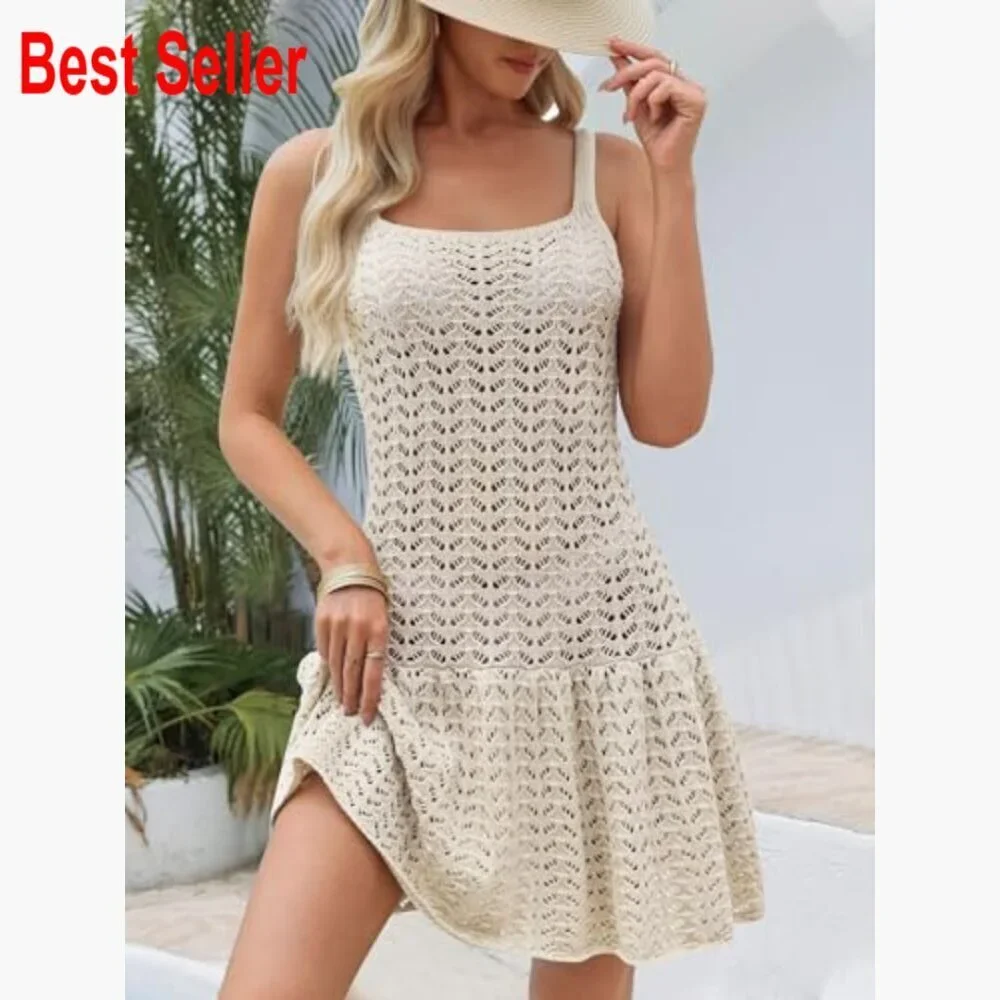 Crochet Hollow Out Swimsuit Cover Up Beach Dress Sleeveless